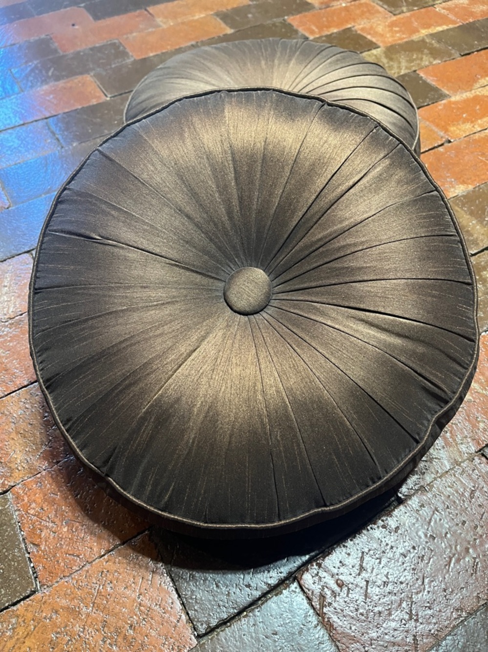 2 round Chocolate accent pillows, 14” round X 3” wide - Picture 2 of 5